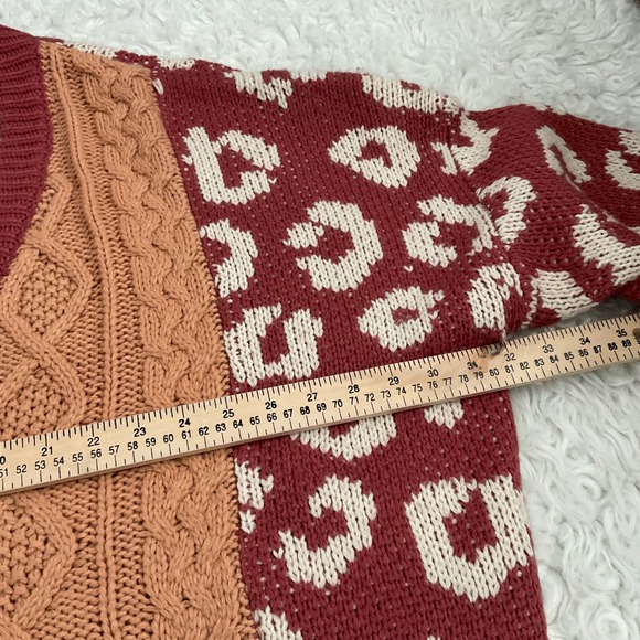 POL Anthropologie Leopard Print Cable Knit V Neck Sweater Burgundy Peach Sz L - Picture 10 of 10